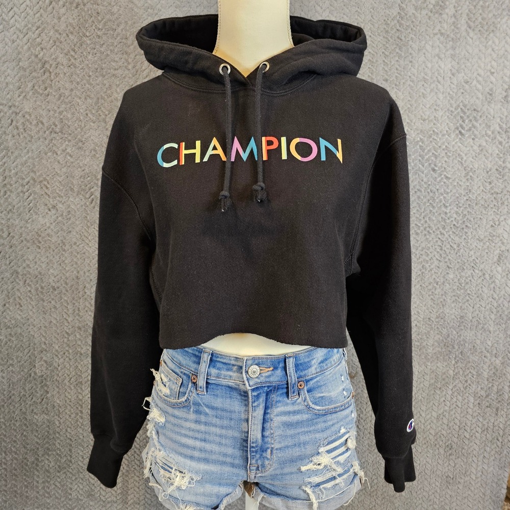 Champion Reverse Weave Black Cropped Hoodie Rainbow Logo WL659 Mens Small